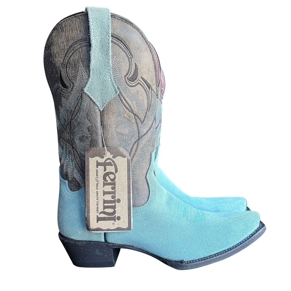 NEW Ferrini Holly Dusty Blue Suede Snip Toe Leather Cowboy Boots Women Size 7.5